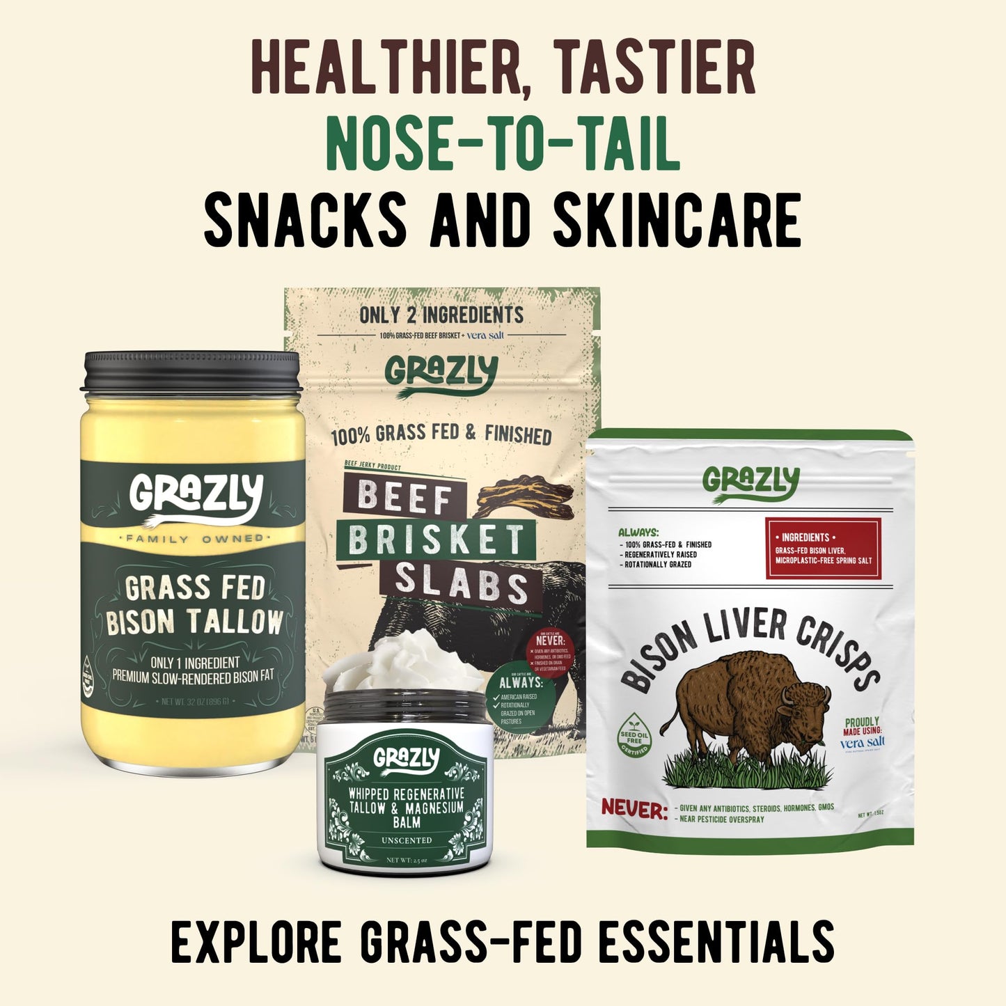 Grazly Beef Brisket Slab - Grass-Fed & Finished | Only Meat & Salt Soft & Buttery Texture | High-Protein Carnivore Snack | Made from 1lb Raw Brisket | 5oz On-the-Go Snack Pack