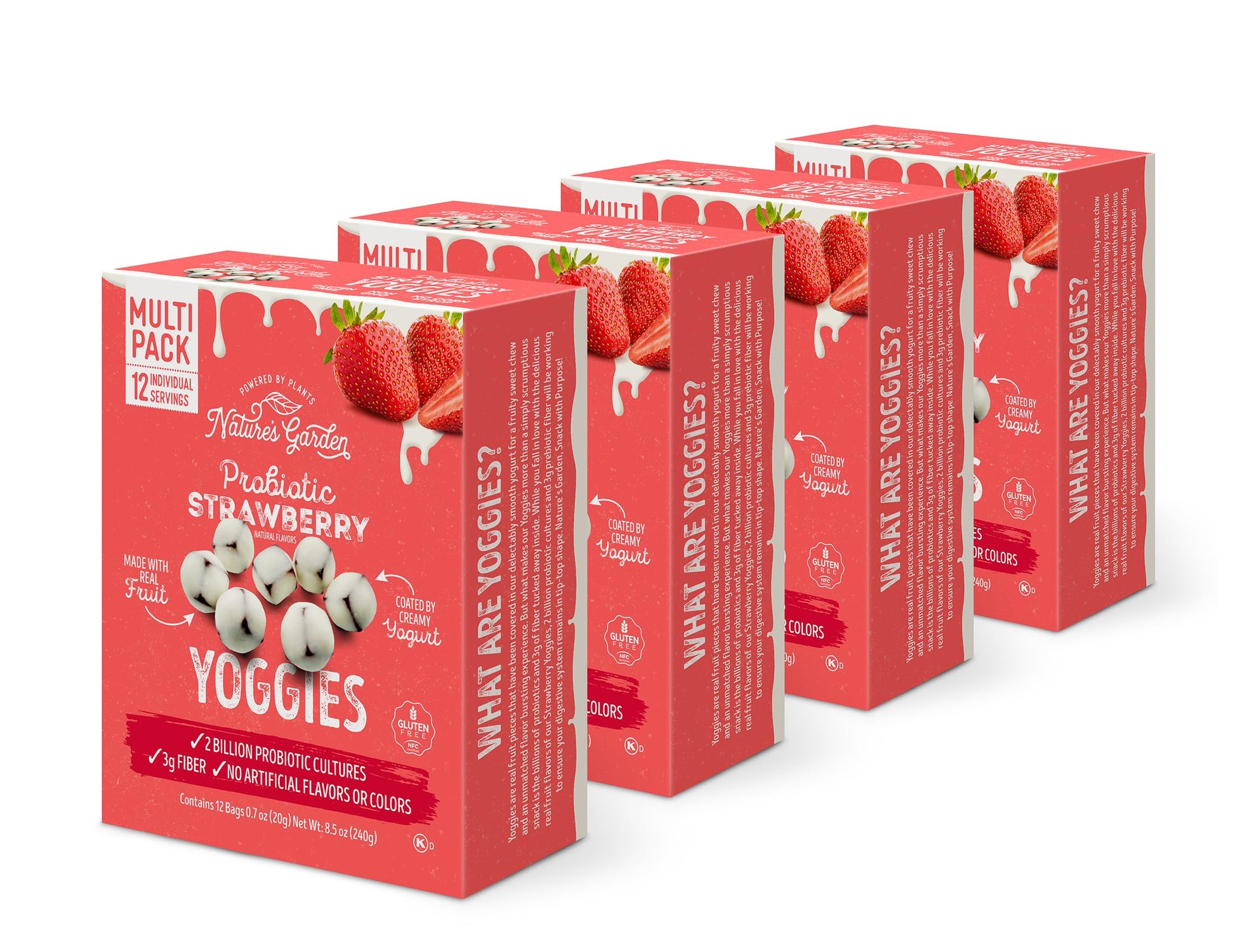 Natures Garden Probiotic Strawberry Yoggies 12 x 0.7oz (Pack of 4) Yogurt-covered Fruit Snack in Carton, Yoggie Fruit Bites, Hi