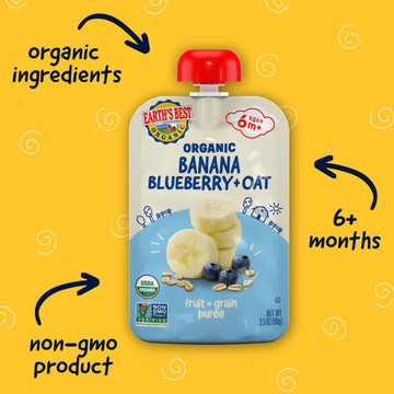 Earths Best Organic Baby Food Pouches, Wholesome Breakfast Puree for Babies 6 Months and Older, Organic Banana Blueberry and Oa