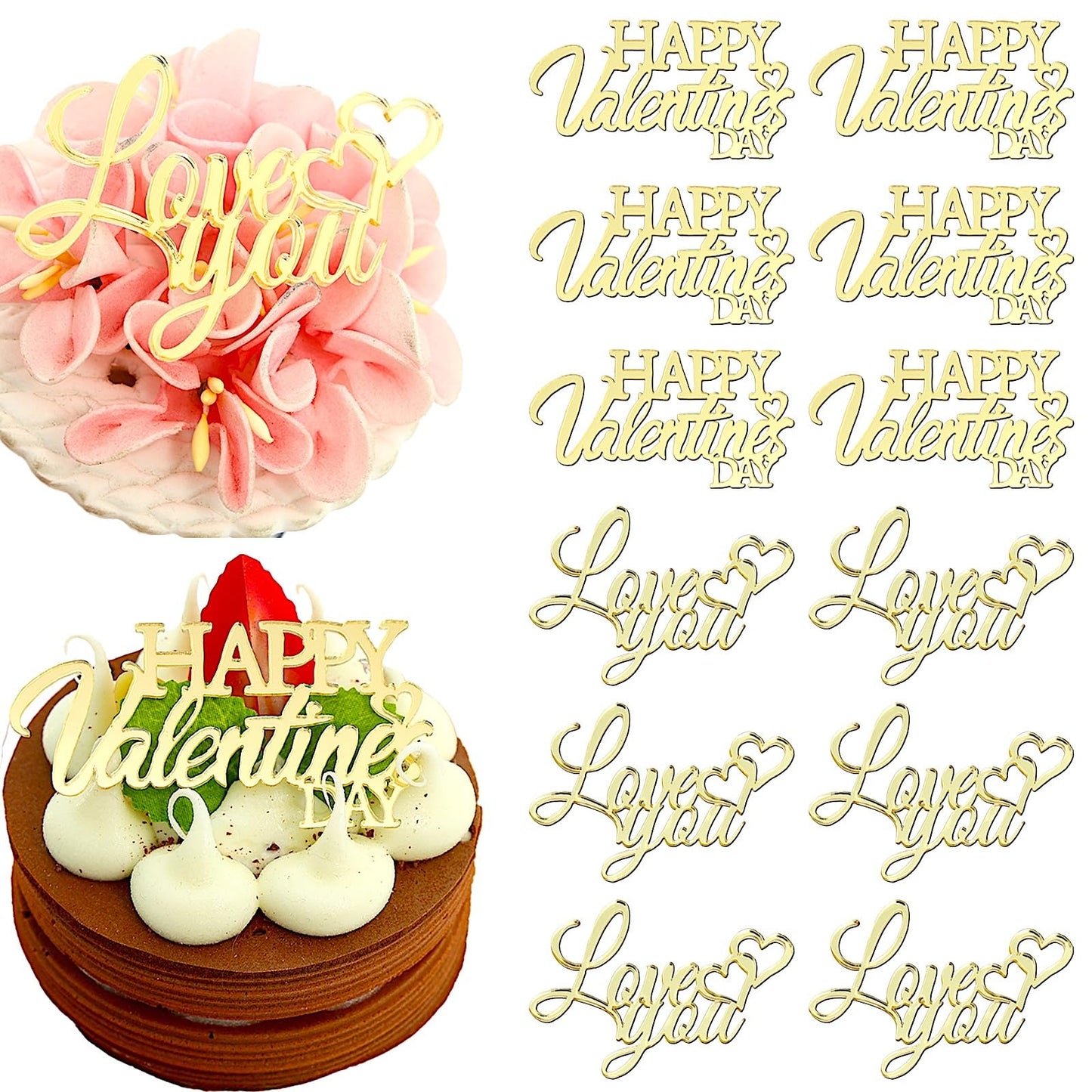 12 Pieces Mini Size Happy ValentineS Day Gold Mirror Acrylic Cupcake Toppers Love You Cake Decorations 2.55 X 1.37 Inch Party Supplies
