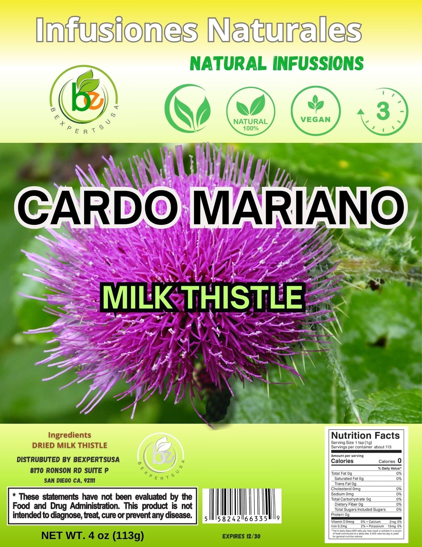 Cardo Mariano Herb Tea | Vegan | 100% Pure & Natural Cardo Marin - Milk Thistle Loose Tea 4oz (113g)