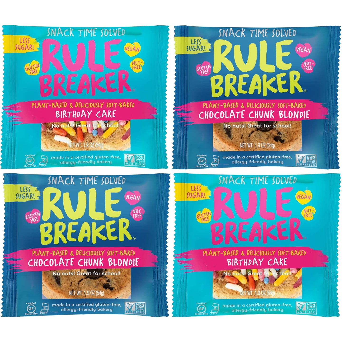 Rule Breaker Snacks Vegan Gluten-Free | Variety Pack Blondie Brownie Cookies | Plant-Based, Dairy, Nut, Soy, Allergen Free, Kosher | Soft-Baked, Great For Lunchboxes Snacks For Kids And Adults (Pack Of 4)