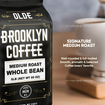 Brooklyn Coffee Whole Bean, Classic Medium Roast (5Lb) Balanced, Smooth, Mellow - Fresh Bulk Coffee Beans Roasted Weekly In Nyc