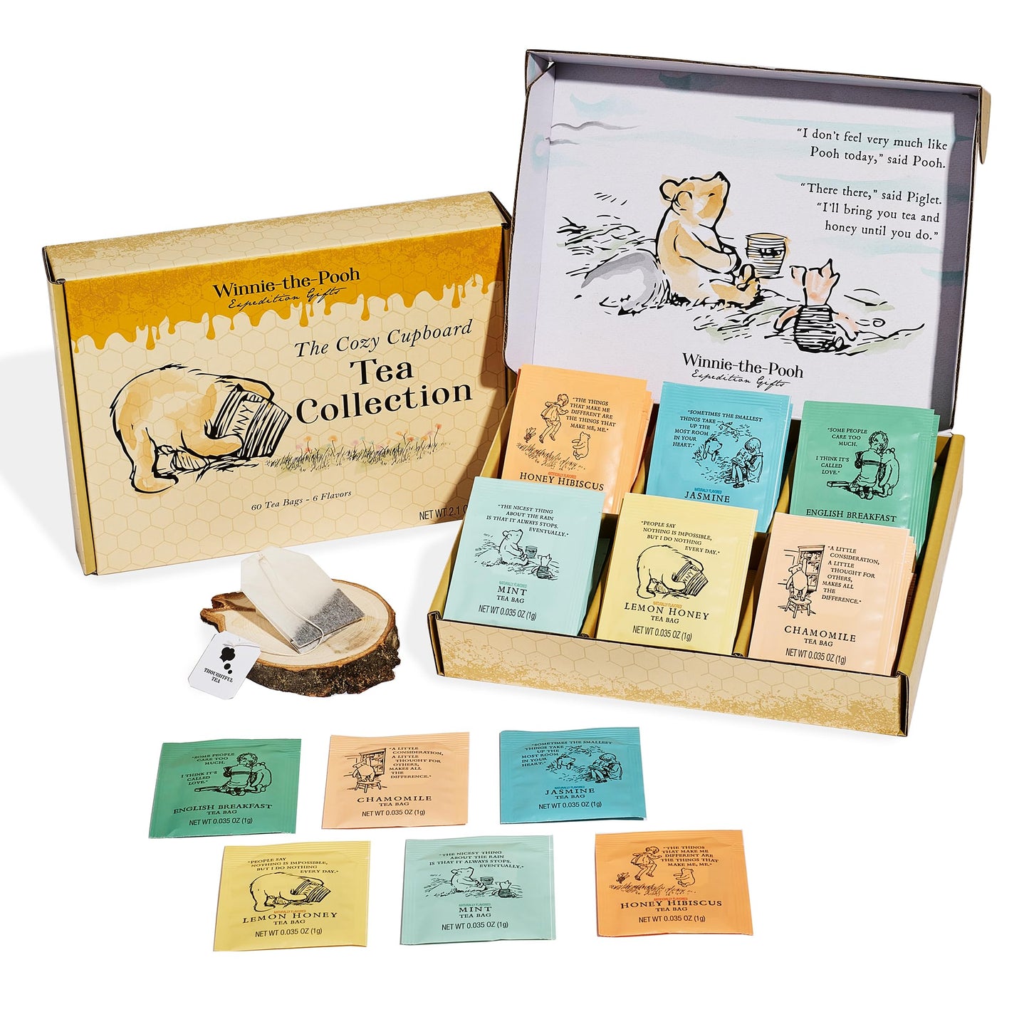 Thoughtfully Classic Winnie-The Pooh Tea Collection Gift Set Includes 60 Top-Grade Tea Bags With Nostalgic Quotes From A.A. Milne 6 Flavors Cozy Literary Tea Gift