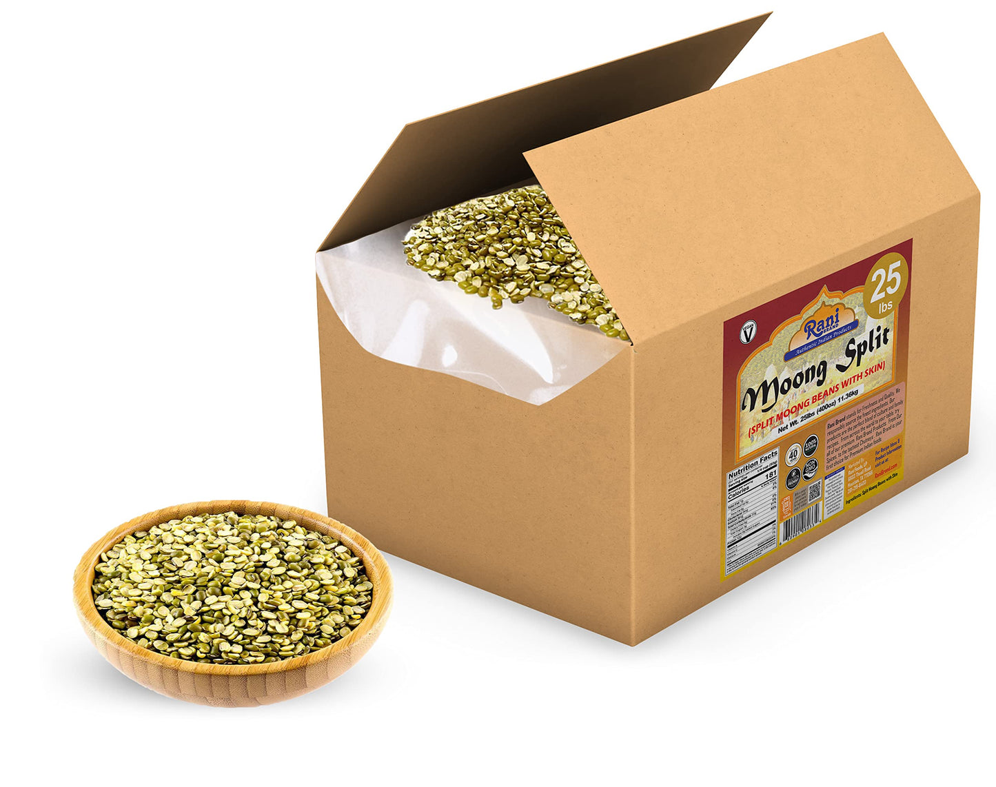 Rani Moong Split (Split Mung Beans With Skin) Lentils Indian 400Oz (25Lbs) 11.36Kg Bulk Box ~ All Natural | Gluten Friendly | Non-Gmo | Vegan | Indian Origin