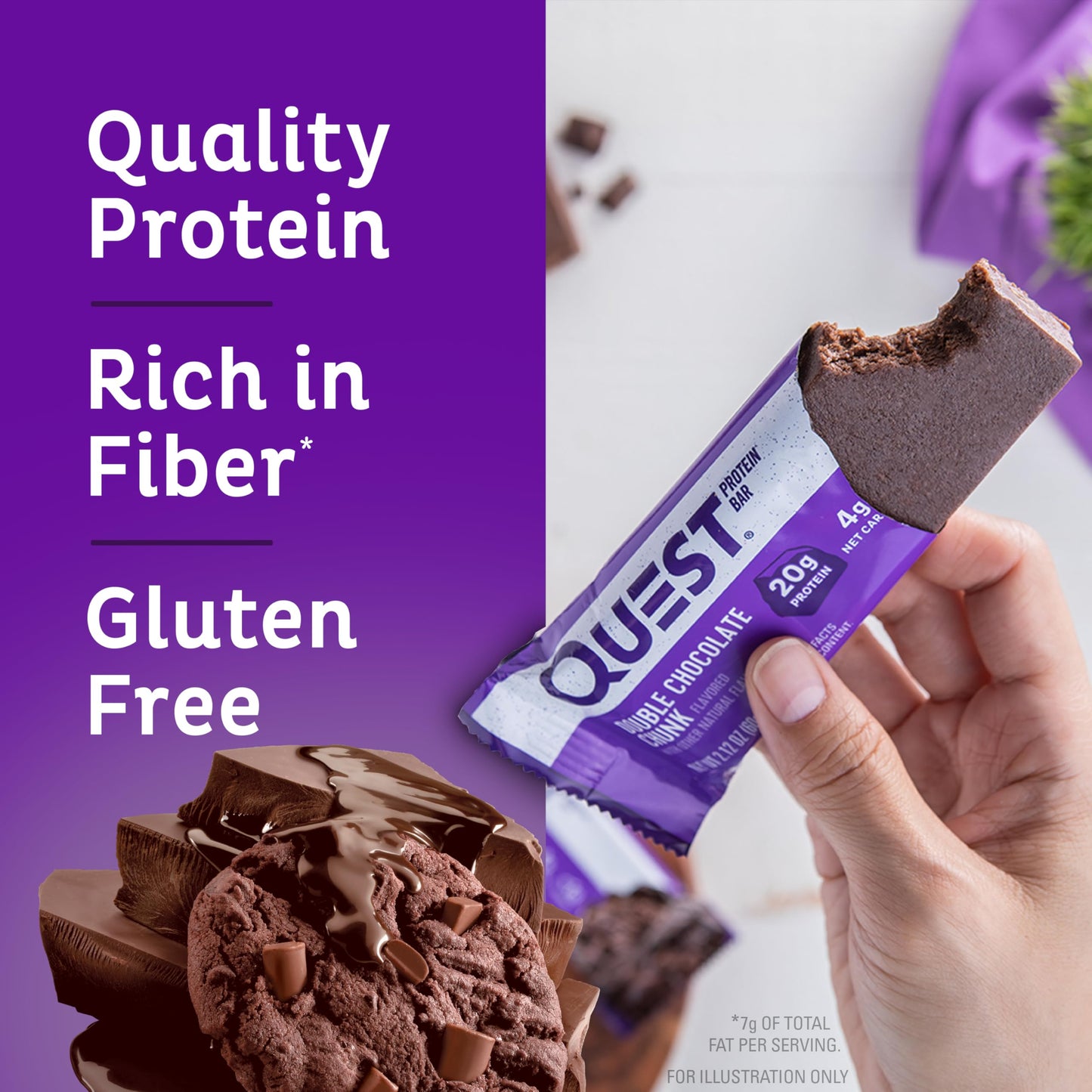 Quest Nutrition Double Chocolate Chunk Protein Bars, 20g Protein Bars, 1g Sugar, 4g Net Carb, Gluten Free, Keto Friendly, 4 Coun