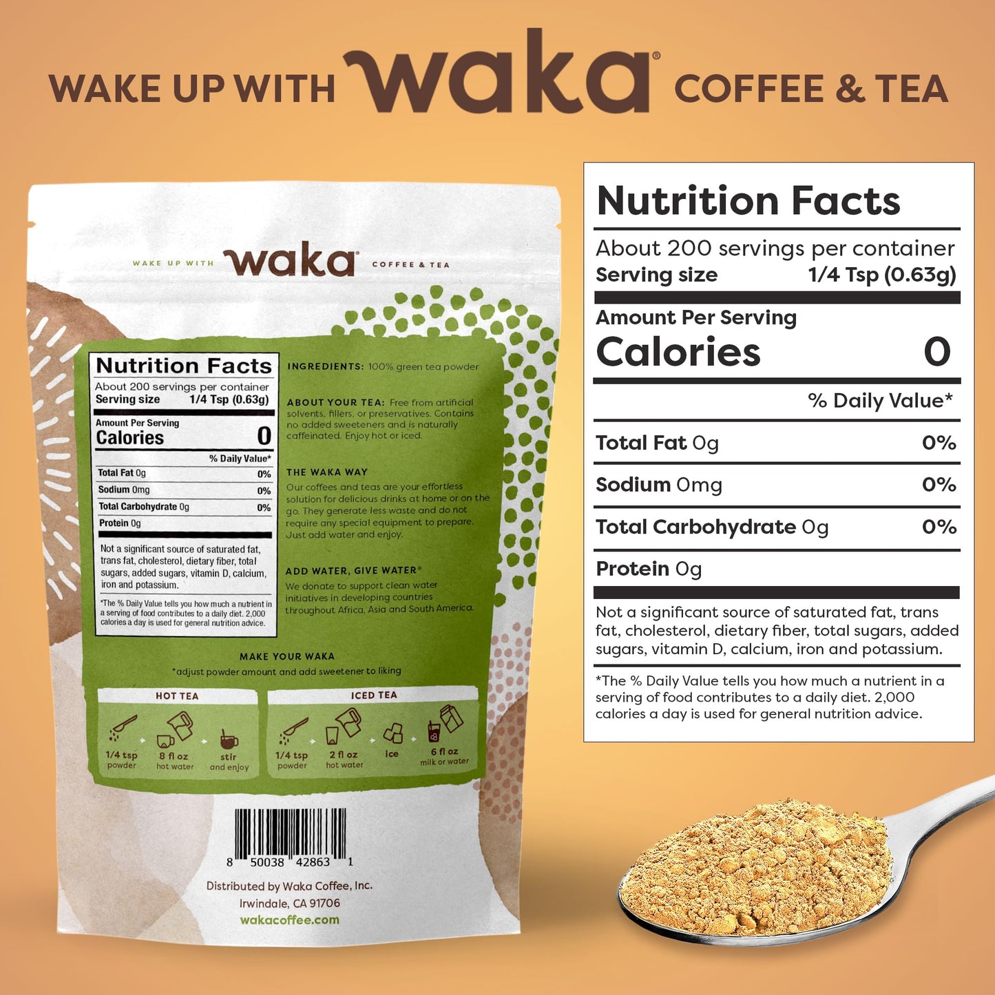 Waka Instant Green Tea Mix, Classic - 100% Tea Leaves, Unsweetened, 4.5oz - Makes 50 Quarts or 200 Cups of Hot/Iced Tea
