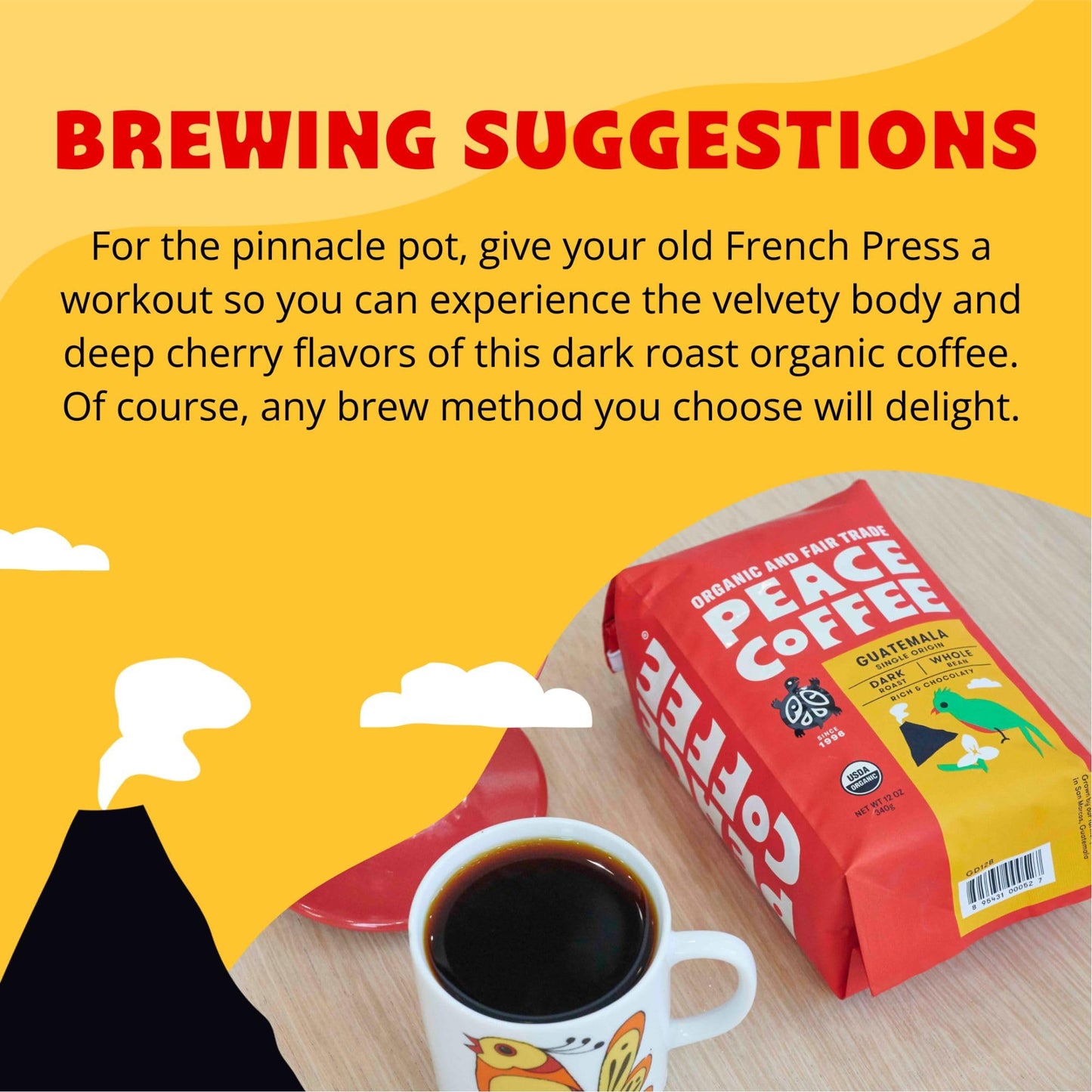 Peace Coffee Guatemala Single Origin Coffee | 20 Oz Ground Dark Roast | Organic Fair Trade | Rich, Chocolatey Flavor | Shade Grown, Fresh Roasted
