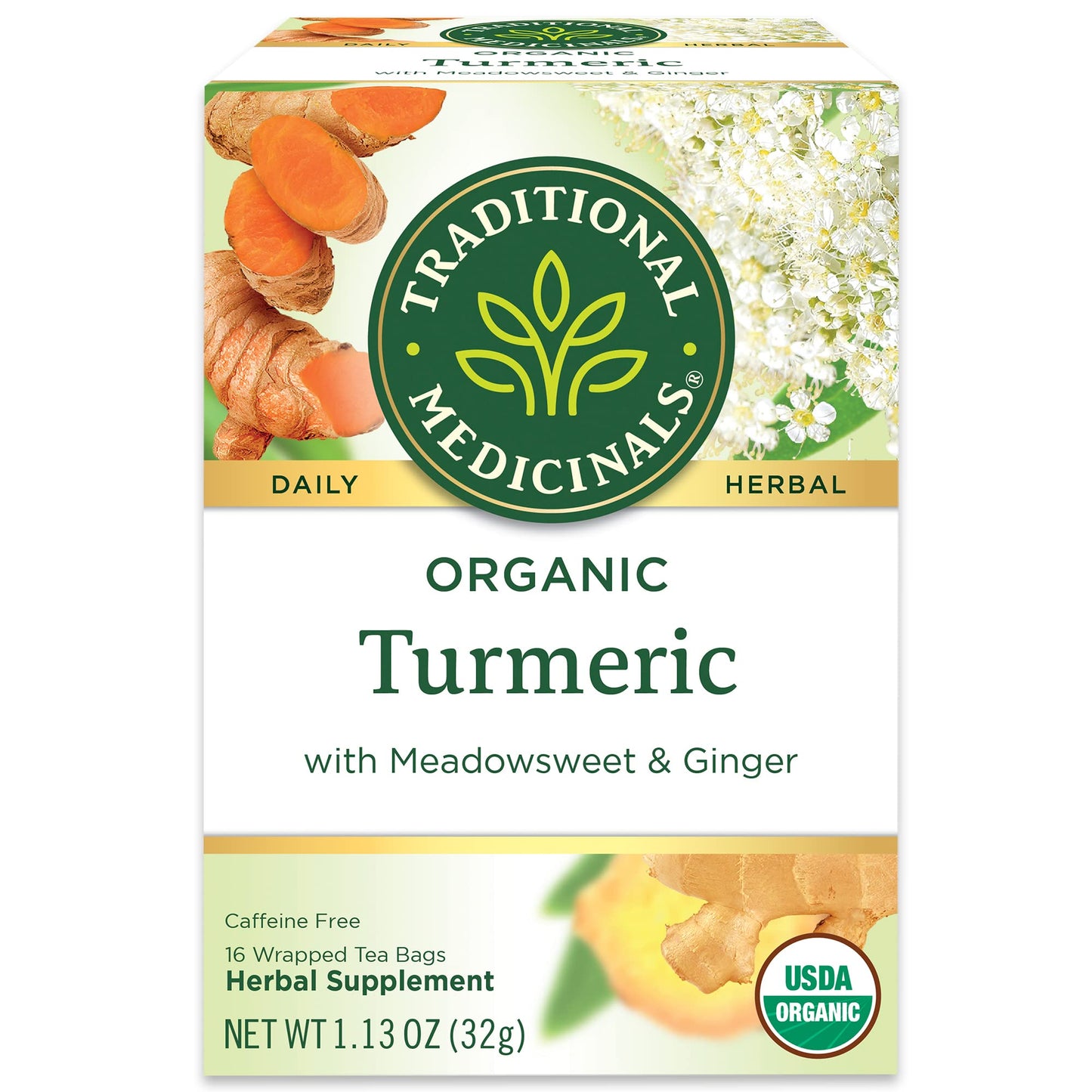 Traditional Medicinals Organic Turmeric Tea with Ginger & Meadowsweet - Supports Normal Response to Inflammation - Kosher Non-GMO Caffeine-Free Compostable - 16 Tea Bags