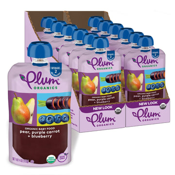 Plum Organics Stage 2 Organic Baby Food - Pear, Purple Carrot, And Blueberry - 4 Oz Pouch (Pack Of 12) - Organic Fruit And Veget