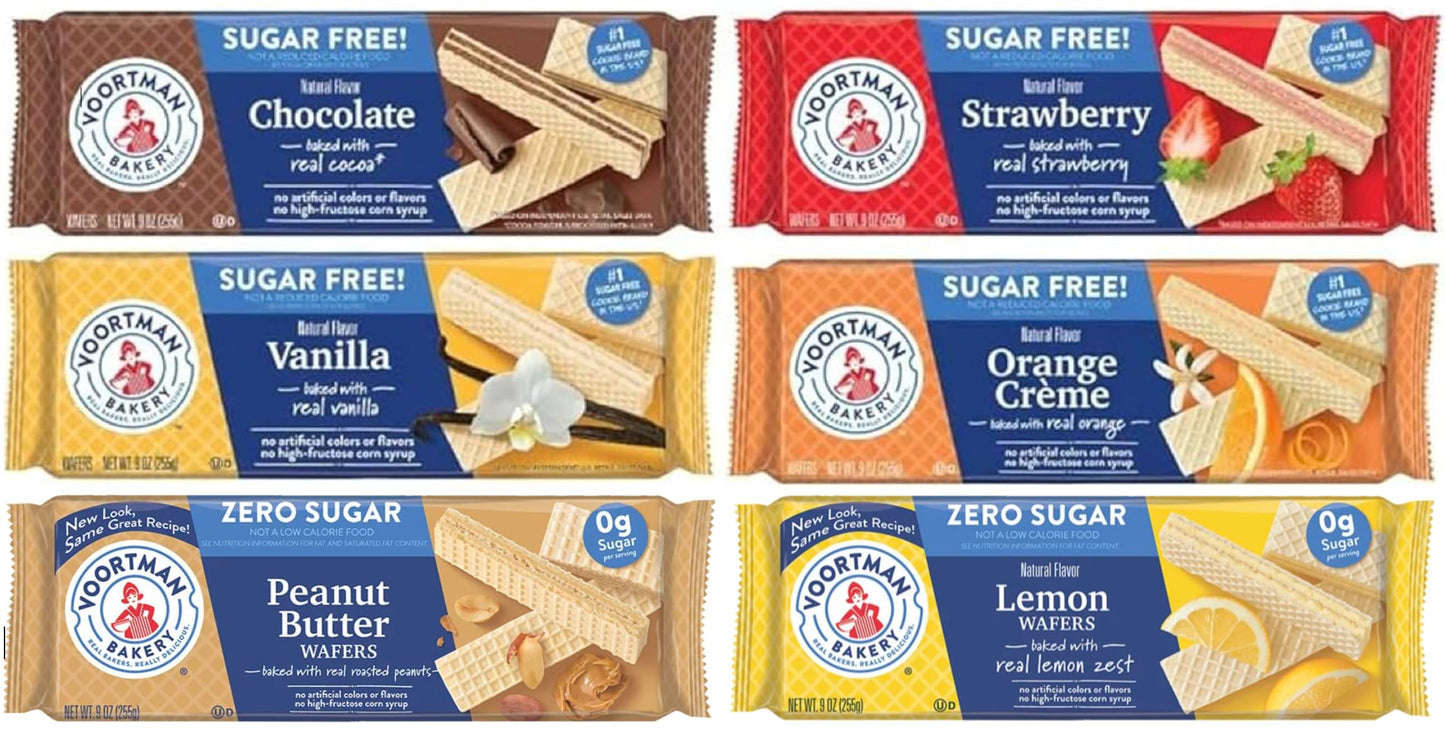 Voortman Bakery Sugar Free Wafers - Chocolate Vanilla Strawberry Lemon Peanut Butter and Orange Creme 9 Ounce (Pack of 6)