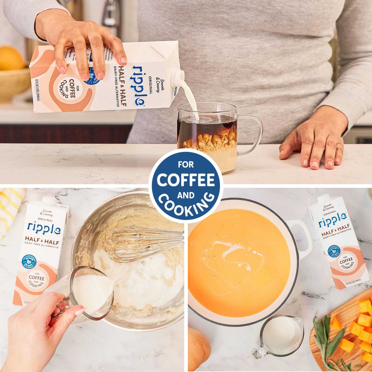 Ripple 32 oz Plant Based Milk 8g of Quality Sourced Pea Protein Calcium Rich | Shelf Stable | Vegan & Non GMO Certified | Dairy Soy Nut Gluten & Lactose Free (Pack of 6) (32 Fl Oz (Pack of 6) Half & Half)