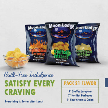 Moon Lodge Chips Variety Pack - 21 Bold Flavored Potato Chips - Hot Barbeque, Stuffed Jalapeo, Sour Cream & Onion - Kosher & Hal