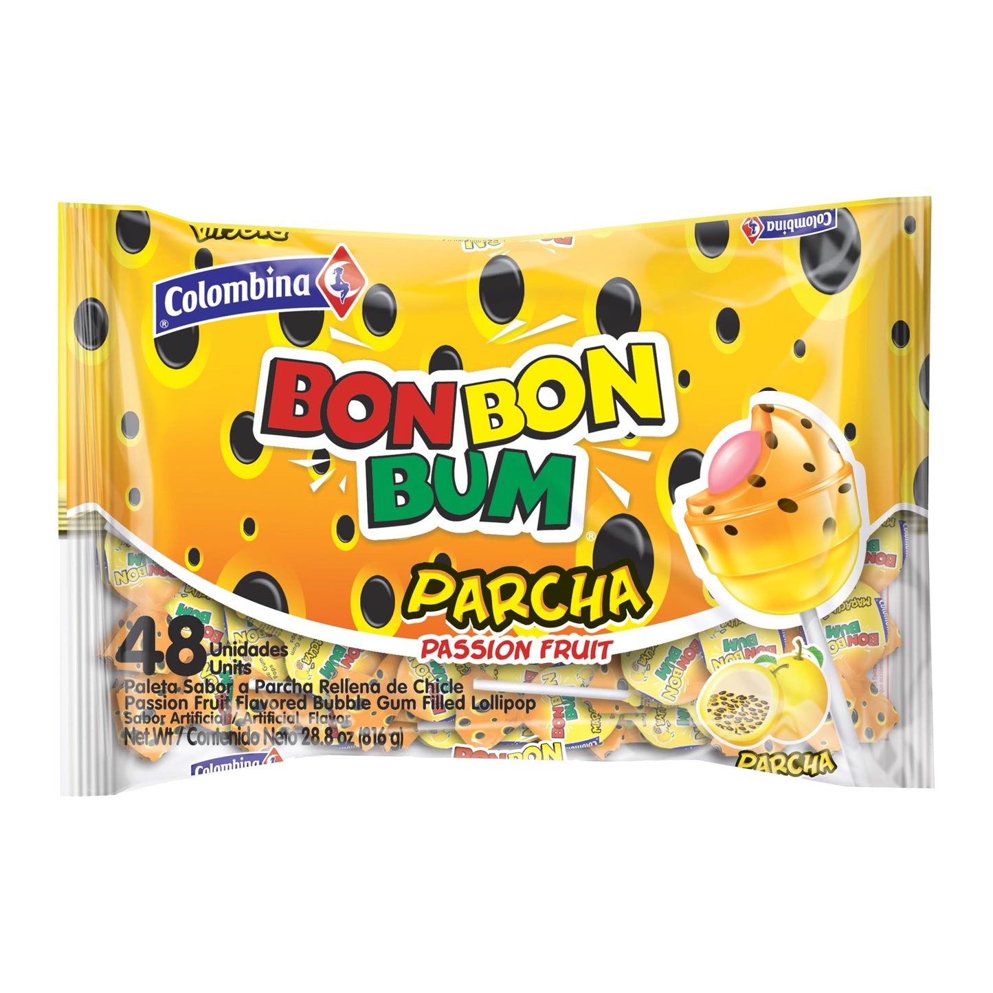 Colombina Bon Bon Bum Lollipops W/Bubble Gum Center - Individually Wrapped, Exotic Maracuya Suckers, Gluten-Free - Ideal For Party Favors, 28.8 Oz Bag, (48 Count)