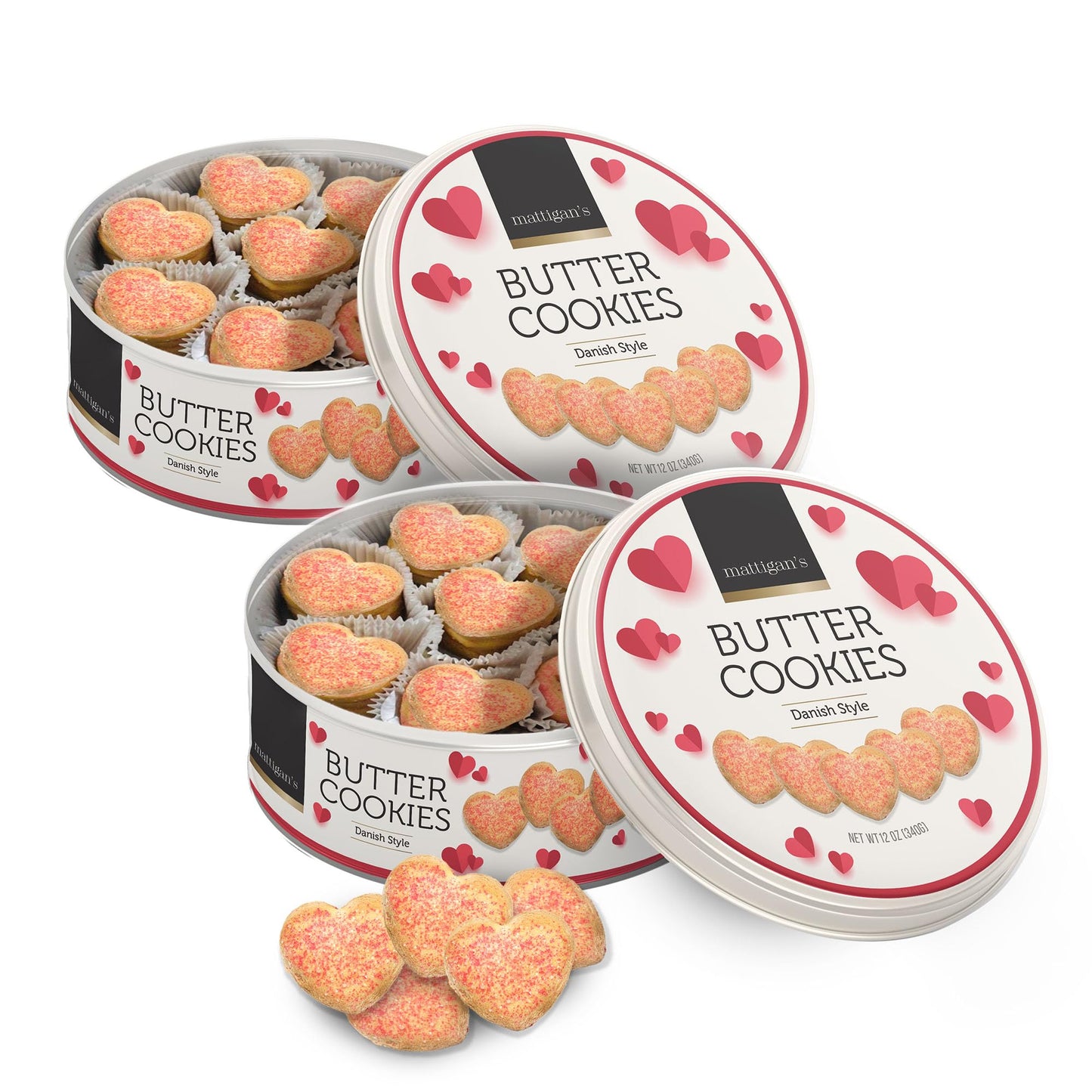 Mattigans Pink Heart Butter Cookies Danish Style Cookie, 12 Oz Tin 2-Pack, Gourmet Gifts For Birthday, Special Occasions, Assorted Cookie Dessert Sweets, Two Reusable Metal Tin