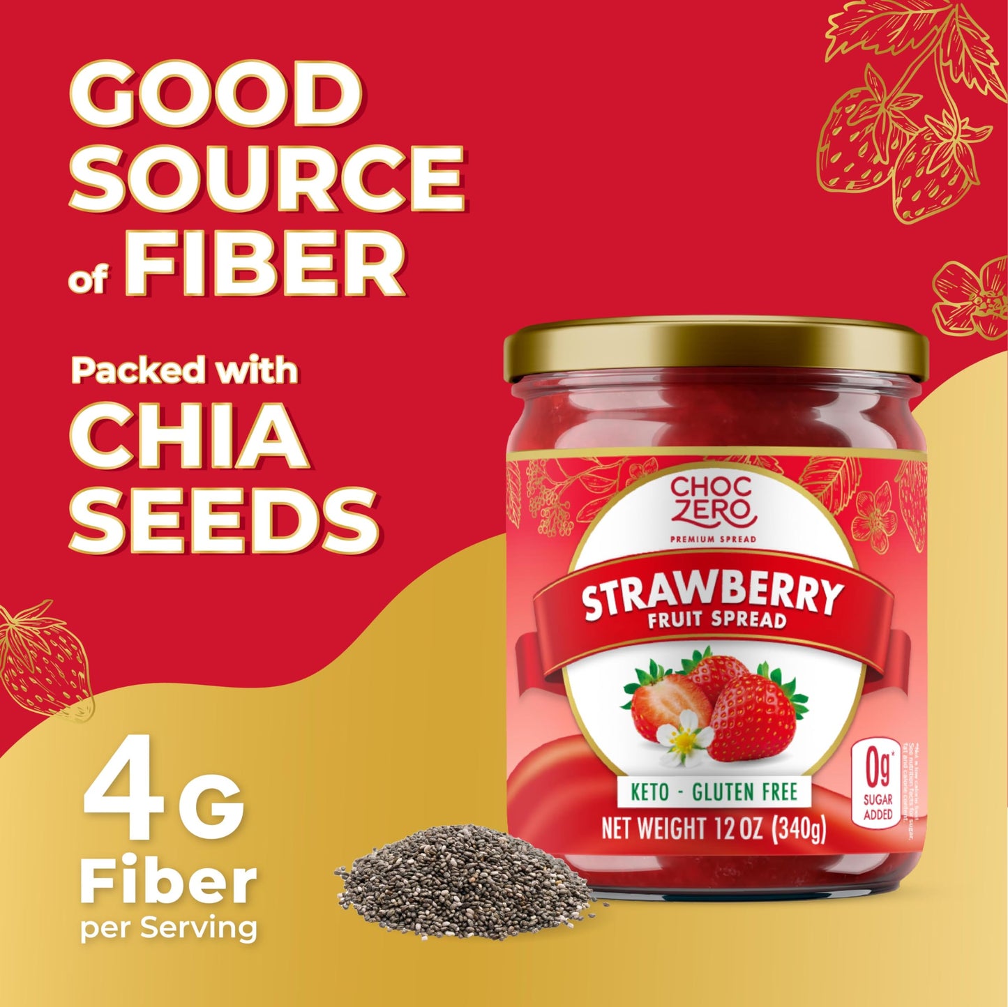 Keto Strawberry Jam, No Sugar Added - Monk Fruit Sweetened, Gluten Free Spread From Choczero, 12 Oz