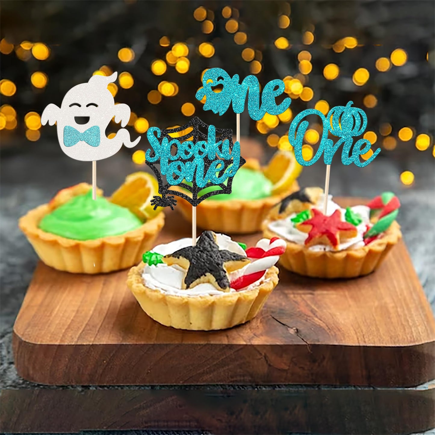 Rssta i Cupcake Toppers 30 Pack Glitter Ghost Bat Spider Pumpkin for Halloween Baby Shower 1st Birthday Cake Decorations Design 13 Blue