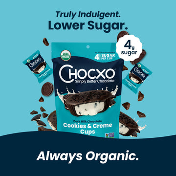 Chocxo Dark Milk Chocolate Cookies & Crème Cups - Lower Sugar, 69% Organic Cacao, Nongmo, Keto, Gluten Free, Kosher, No Artificial Sweeteners/Sugar S, 3.45 Oz (Pack Of 6)