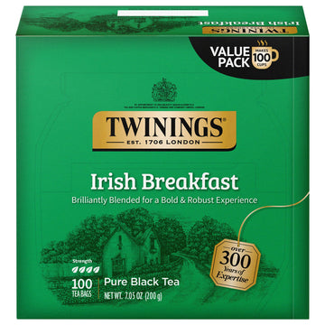 Twinings Irish Breakfast Black Tea Individually Wrapped Bags, 100 Count (Pack of 1), Flavourful, Bold, and Robust, Caffeinated,