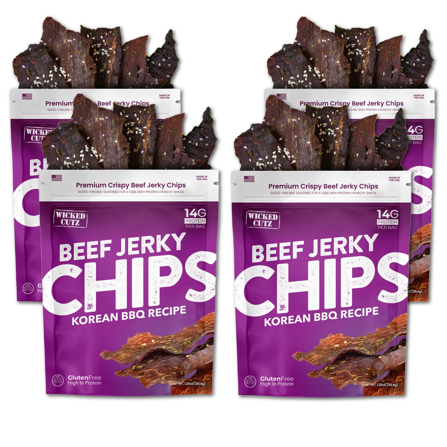 Wicked Cutz Korean Bbq Beef Jerky Chips 14G Protein Per Bag Crispy & Crunchy Beef Jerky Crisps Usa Made Barbeque Flavored Chips High Protein Carnivore Snacks (4 Bags)