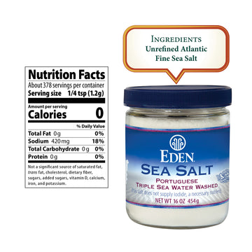 Eden Sea Salt, Hand Harvested Portuguese, Triple Sea Water Washed, Fine Grind, 82 Trace Minerals, Glass Jar, 16 oz (1lb)