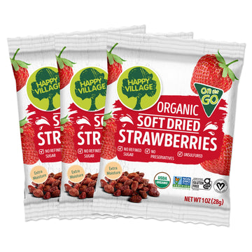 Happy Village Organic Soft Dried Strawberries On The Go - 3 Bags (15 Individual Portion Packs) | Healthy, Organic, Non-Gmo, Vega