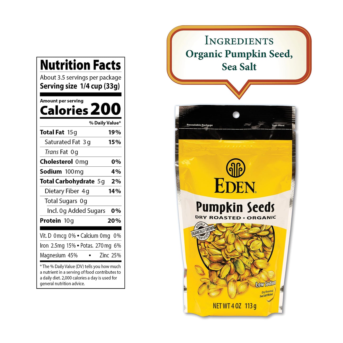 Eden Organic Pumpkin Seeds, Shelled, Dry Roasted And Lightly Sea Salted, To Eat, 4 Oz (6-Pack)