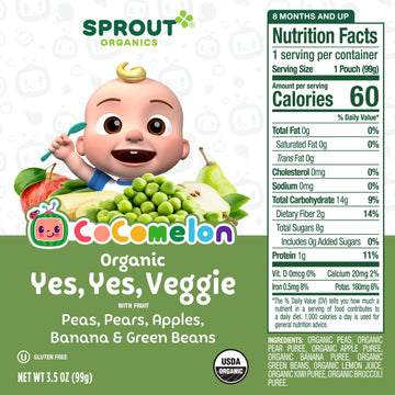 Cocomelon Sprout Organic Baby Food, Toddler Pouches, Yes, Yes, Veggie, Fruits, Grains, 3.5 Oz(Pack Of 12)