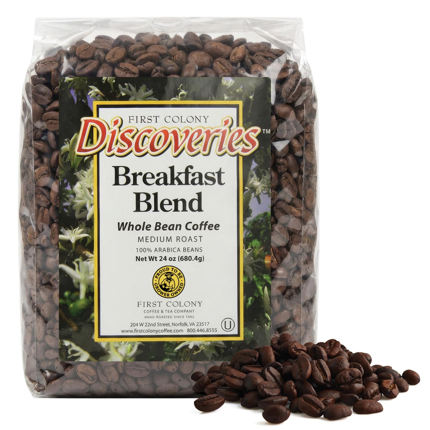 First Colony Whole Bean Coffee Breakfast Blend Medium Roast 100% Arabica Beans 24Oz Bag Nutty & Chocolate-Caramel Notes For Home Beverage Makers & Caf?S Hand-Roasted In The Usa Since 1902
