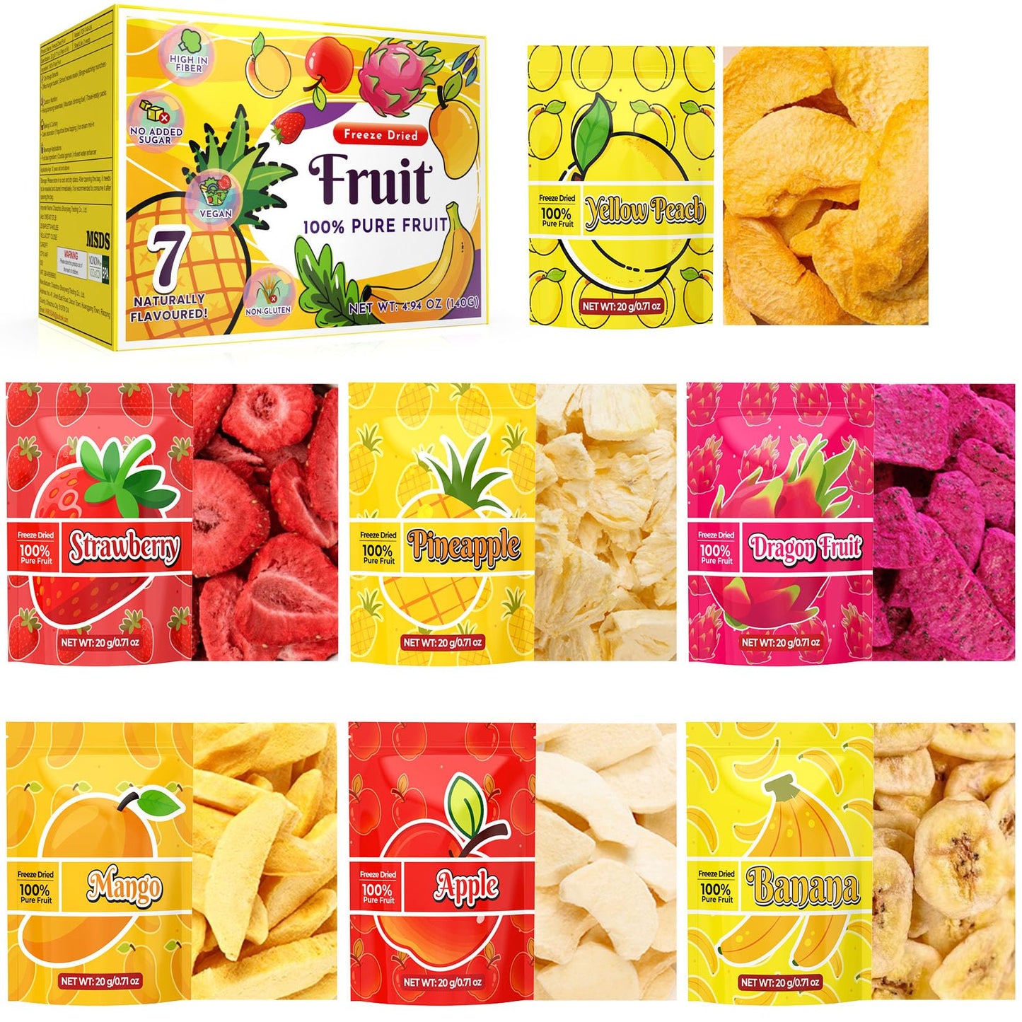 Freeze Dried Fruit Set - 140G Natural Fruit Snacks Gluten Free Sugar Free Healthy Snacks For Kids 100% Pure Fruits Great For Lunch Cereal Smoothies Food Gifts Pack Of 7-0.71 Oz Each