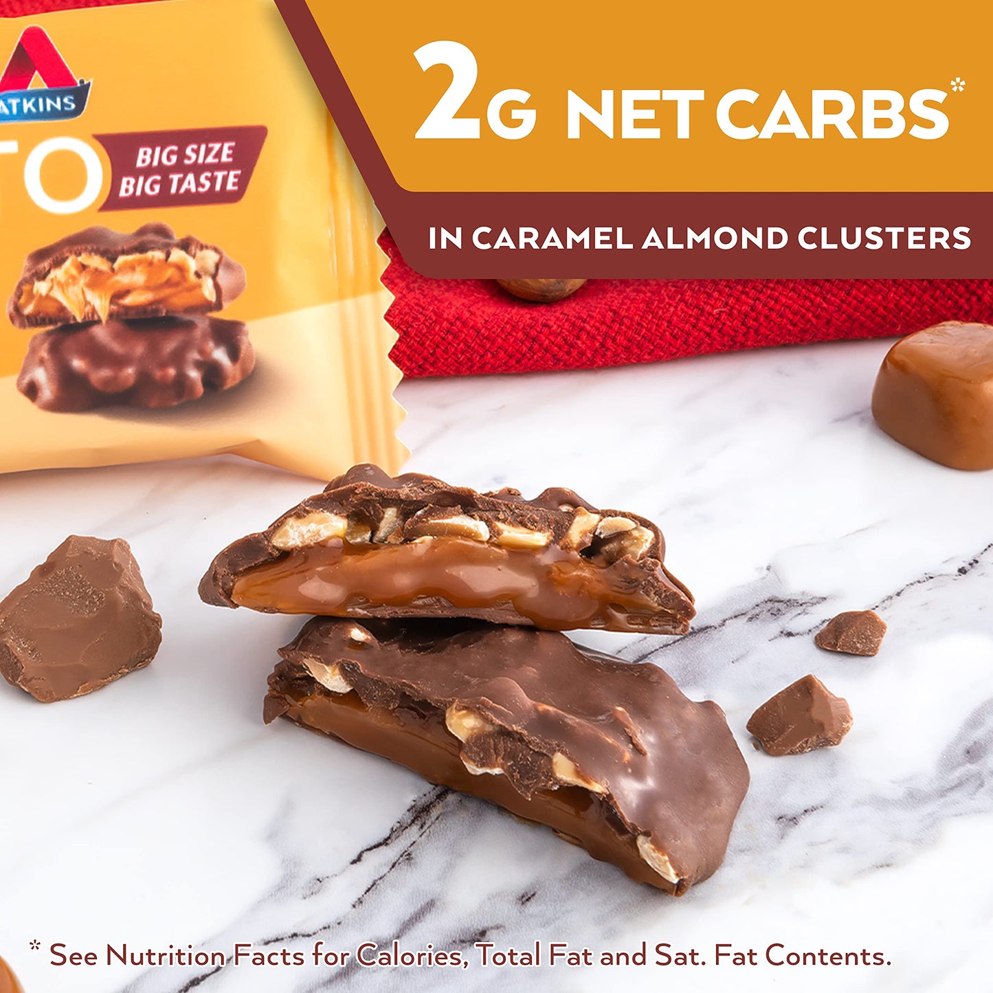 Atkins Caramel Almond Clusters, Gluten Free, High in Fiber, 1g Sugar, 2g Net Carb, Keto Friendly, 8 Count
