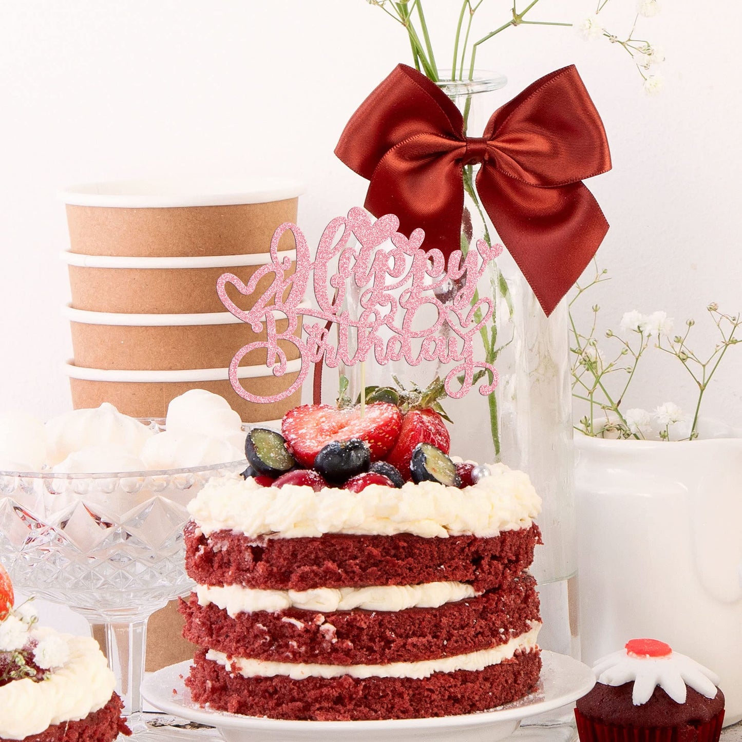 Gyufise 1Pc Happy Birthday Cake Topper With Love Heart Glitter Valentine'S Day Cake Picks Love Theme Baby Shower Kids Birthday P