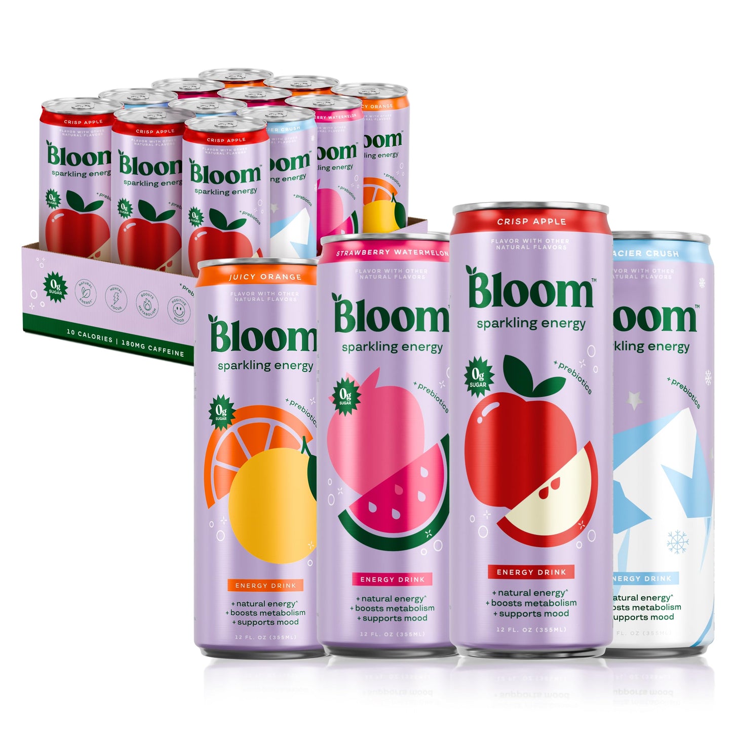 Bloom Nutrition Sparkling Energy Drink - Apple Crisp / Glacier Crush Variety Pack - Natural Energy Blend Zero Sugar 180Mg Energy Blend - Antioxidant-Rich With Green Coffee Bean Green Tea Extract Prebiotics - 12Oz 12 Pack