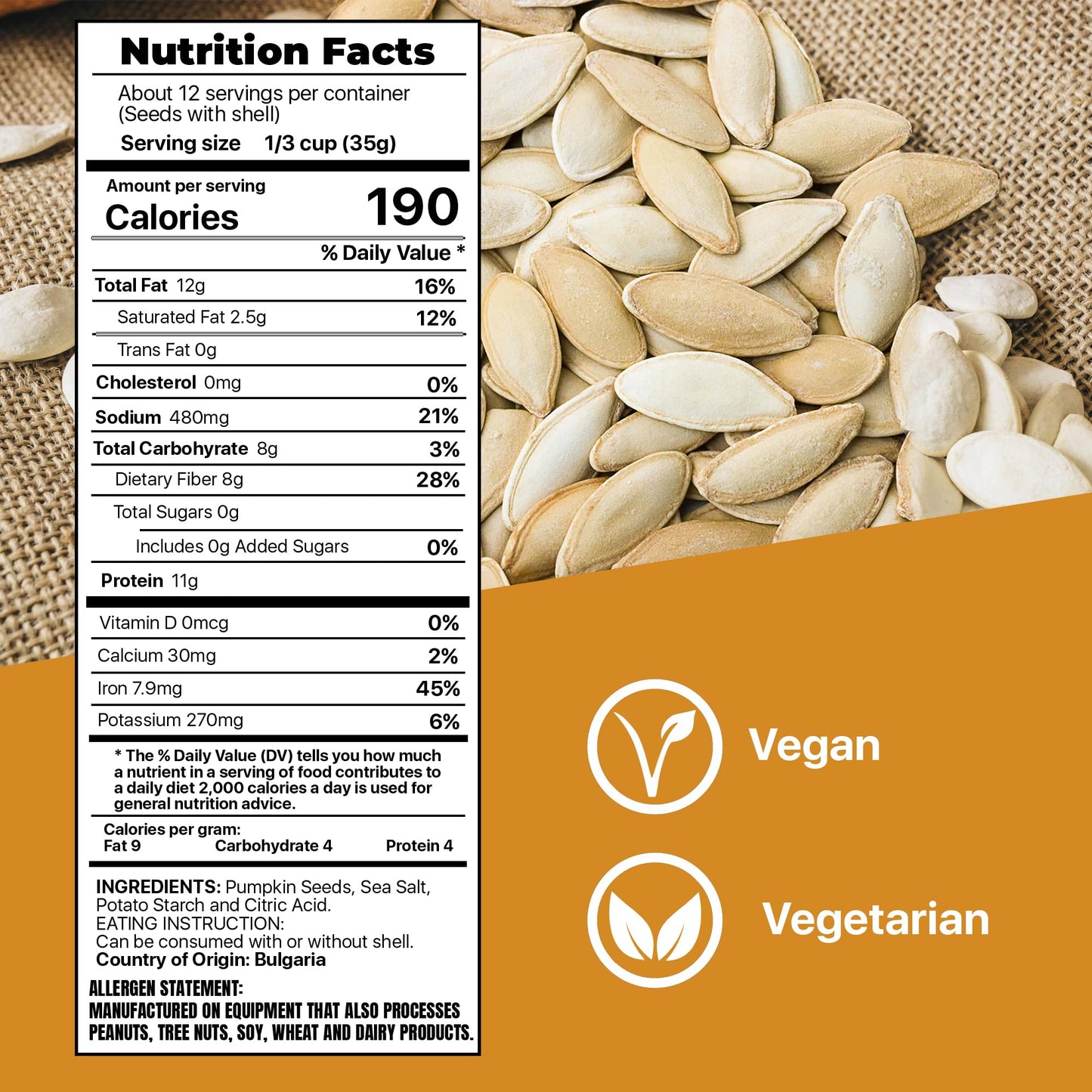 Roasted Pumpkin Seeds To Eat In Shell By Premium Orchards Mixed Nuts - Salted With Sea Salt - Non-Gmo Vegan Fresh Healthy Snacks/ - Great Source Of Plant Protein, Zinc, Magnesium & Iron - 1 Bag