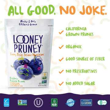 Looney Pruney Organic Pitted Dried Prunes, No Added Sugar, Kosher, 9 Ounce (Pack of 6)