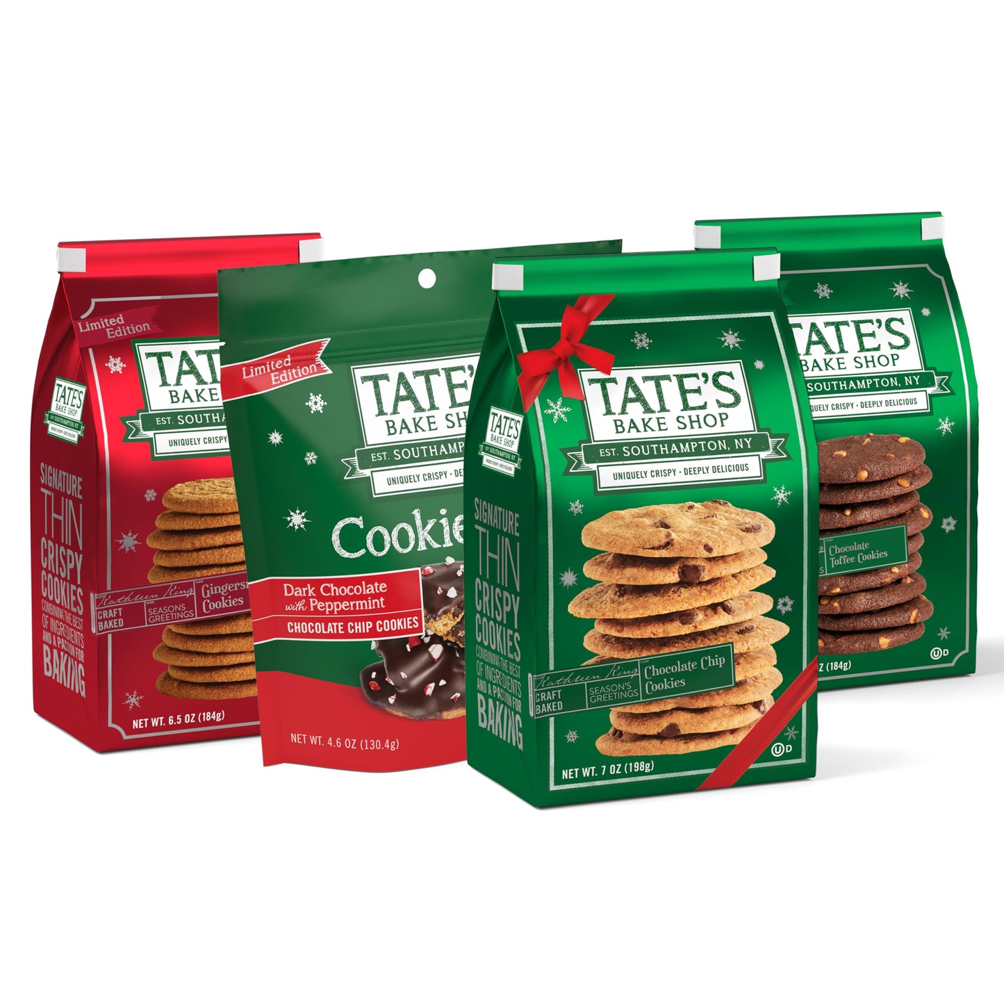 TateS Bake Shop Holiday Cookies Variety Pack Chocolate Chip Toffee And Flavor Blendgersnap Cookies Plus Peppermint Bark 4 Bags