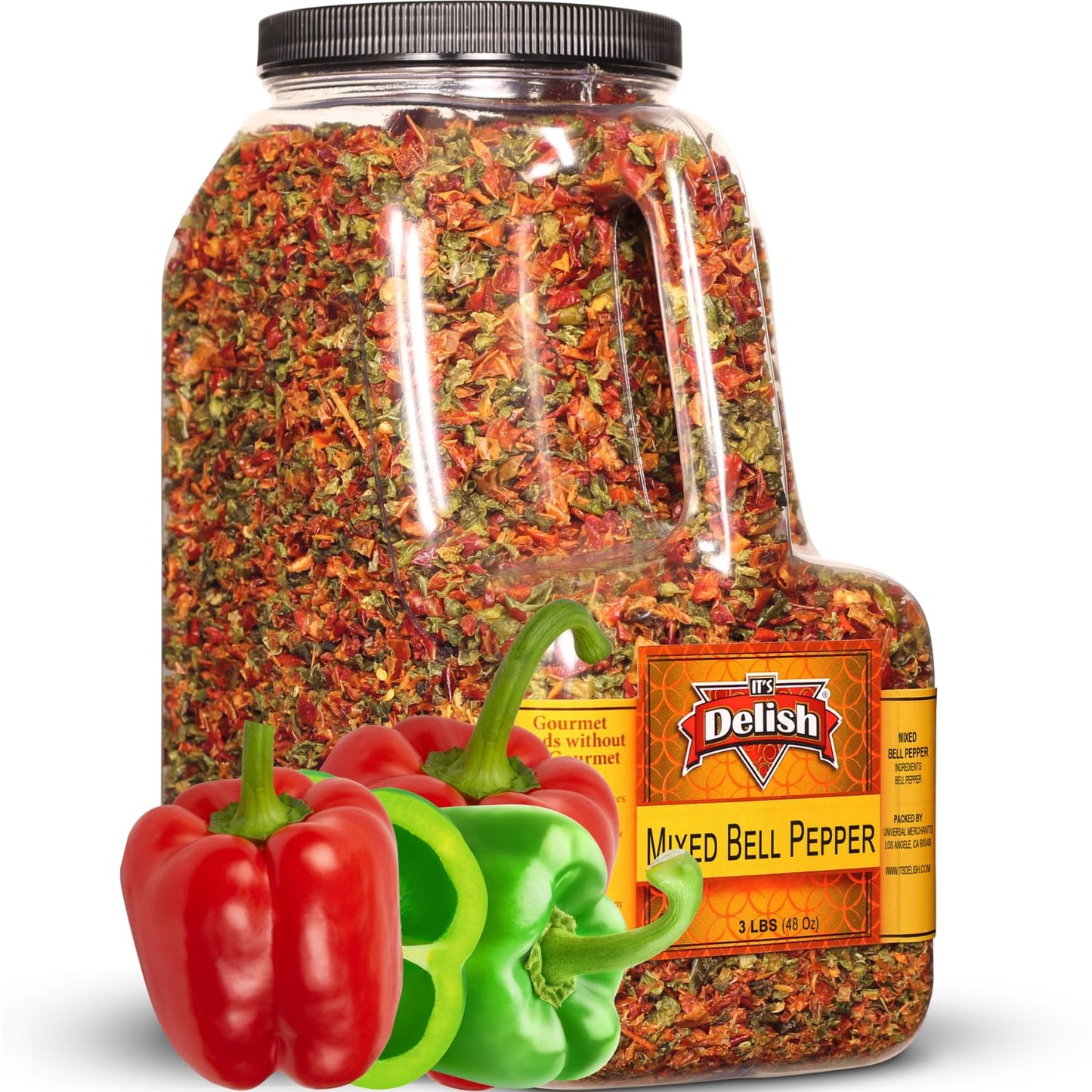 Dehydrated Dried Red And Green Bell Peppers Mix By ItS Delish - 48 Oz (3 Lbs) Restaurant Gallon Size Jug With Handle - Sealed To Maintain Freshness - Chopped & Dried Vegetable Spice Seasoning