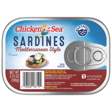 Chicken of the Sea Sardines, 3.75 oz. Cans (Pack of 18), Mediterranean Style, Wild Caught Sardines, Packaging May Vary