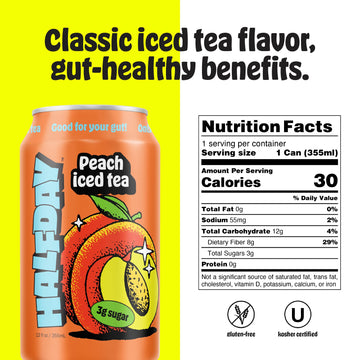 Halfday Prebiotic Peach Iced Tea Cans, 12 Pack, Supports Digestive Health & Gut Health, 8G Plant Fiber & Prebiotics, Gluten Free