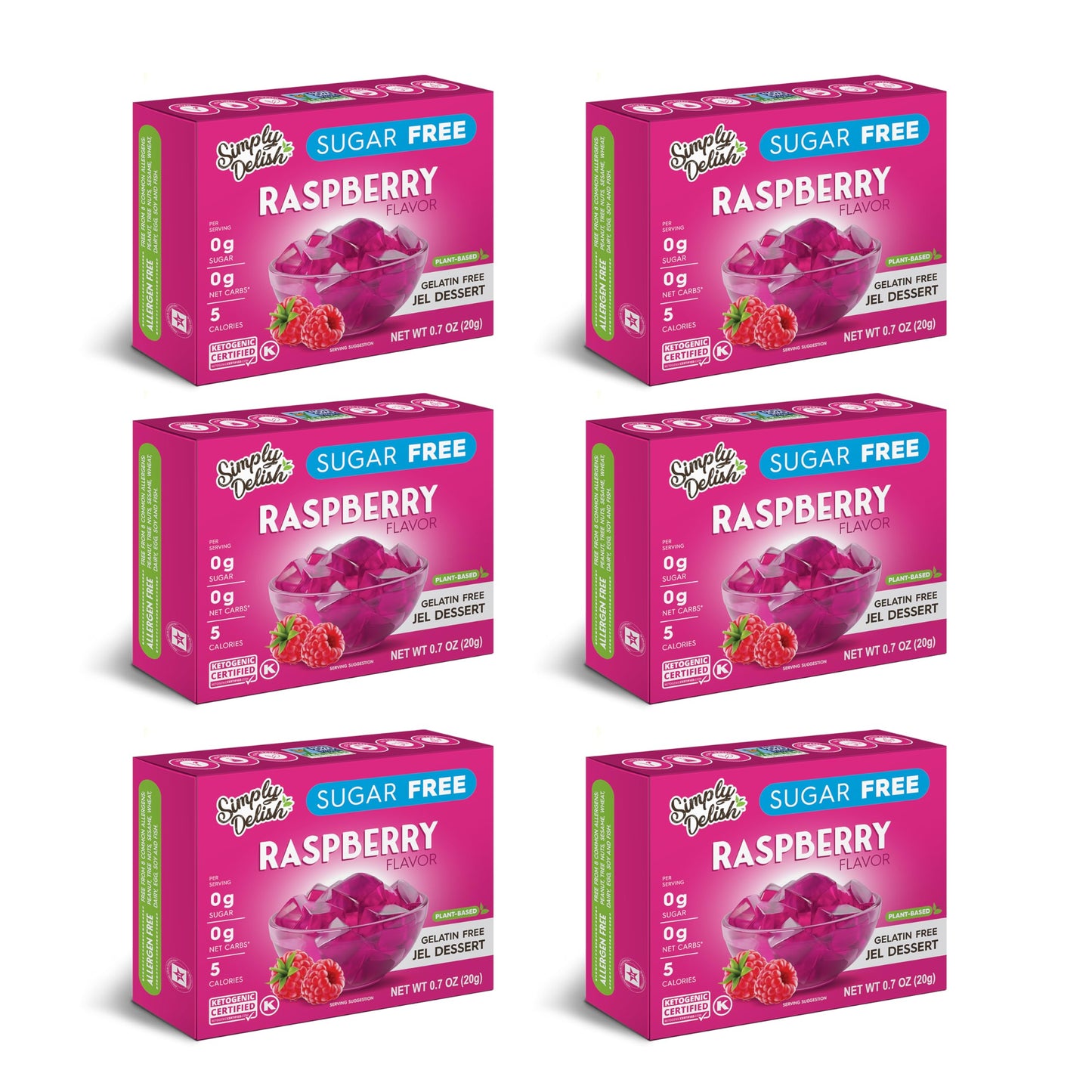 Simply Delish Plant Based Natural Raspberry Jel Dessert - 6 Pack - Zero Sugar 0G Net Carbs Gluten Free Vegan Diaplayic & Allergen Free
