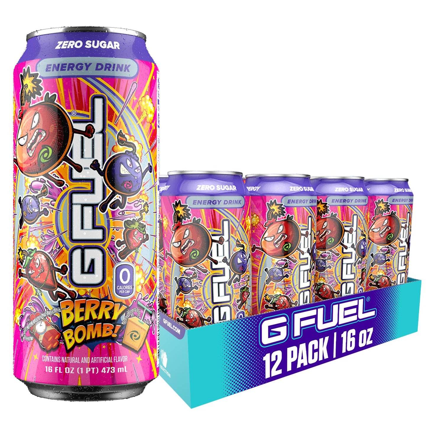 G Fuel Energy Drink, Berry Bomb Flavor, 16 oz Can, 12-Pack Case