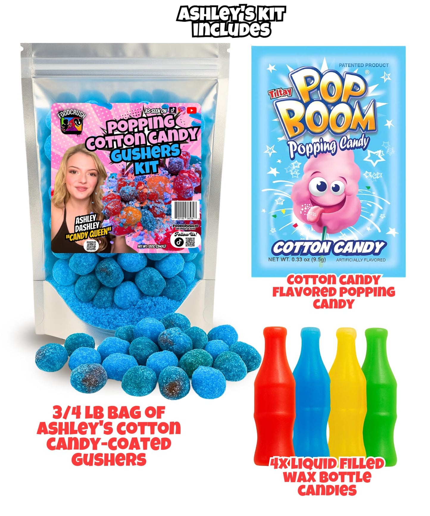 Ashley Dashley s-Popping Cotton Candy Gushers Kit-(3/4 LB) Juicy Gummies Coated W/Cotton Cqndy Crunch, Wax Bottles + Fizzing Ca