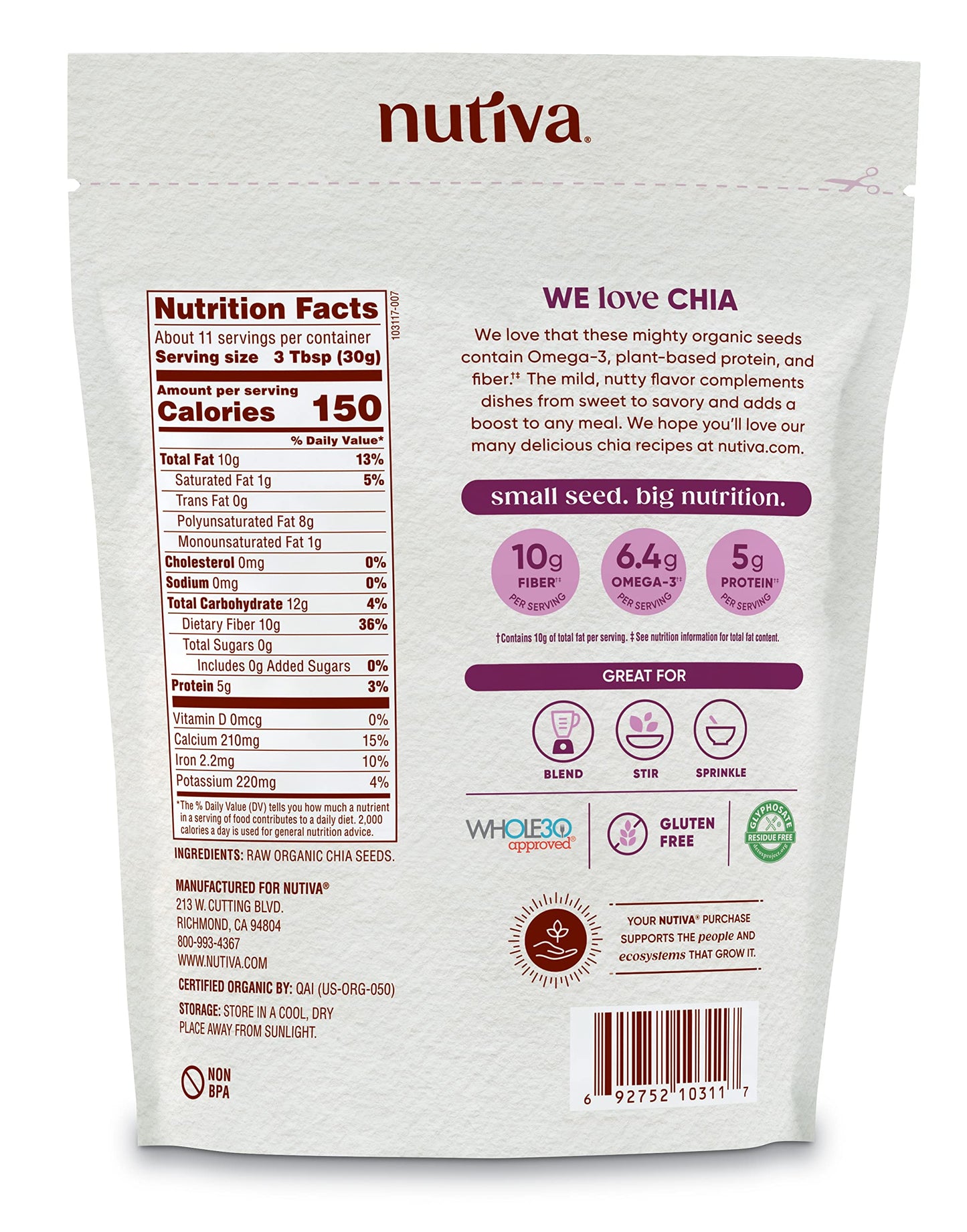 Nutiva Organic Premium Raw Black Chia Seeds, 12 Oz, Usda Organic, Non-Gmo, Whole 30 Approved, Vegan, Gluten-Free & Keto, Nutrient-Dense Seeds With 3G Protein & 5G Fiber For Salads, Yogurt & Smoothies