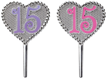 Decopac La Quinceaera Pink And Purple 15 Cake Picks, 24-Pack, Cupcake Topper, Reusable Decorations For Cakes, Cupcakes And Ot