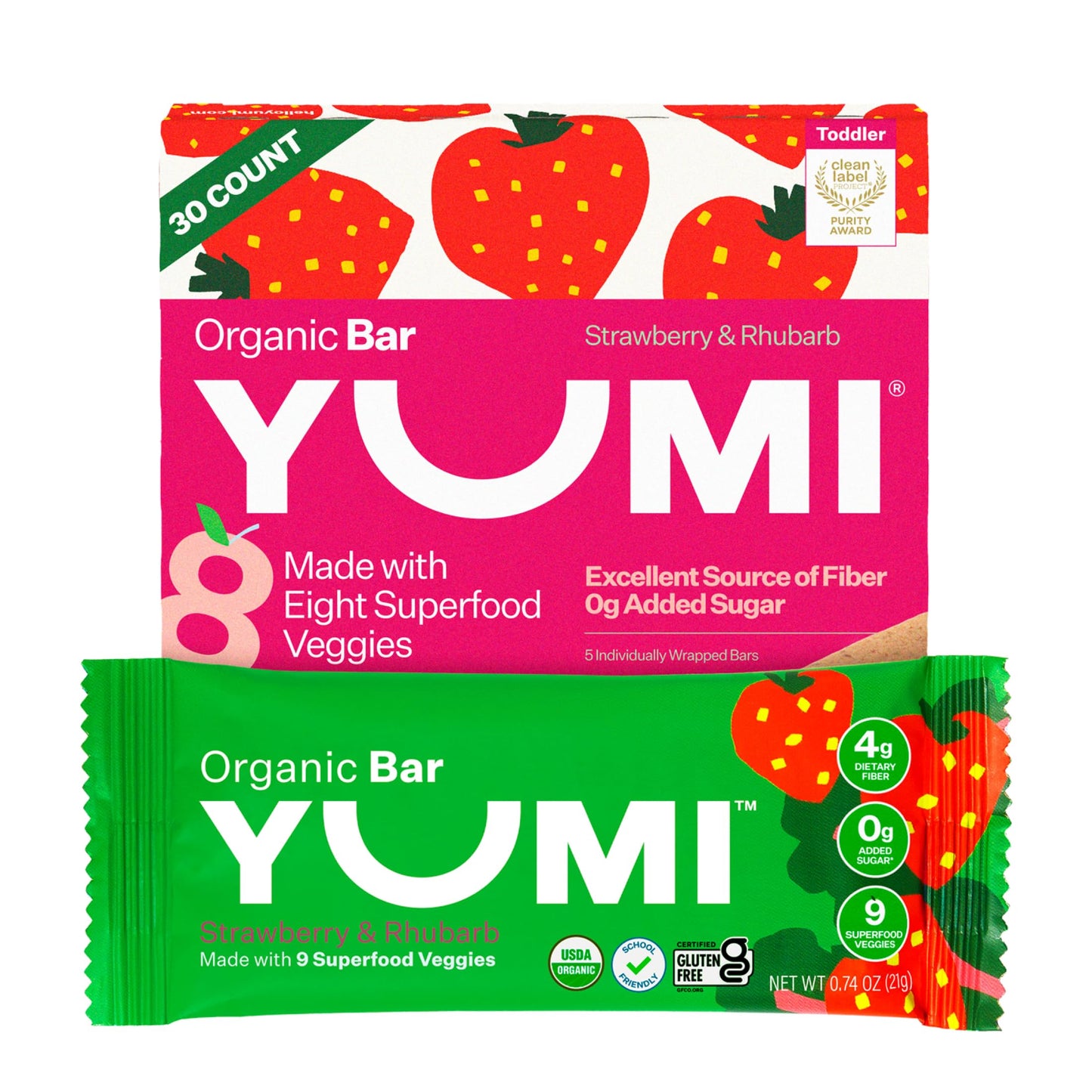 Yumi Organic Toddler Snacks Bars - Gluten-Free No Added Sugar 7+ Vegetables Soft-Baked Crust Yumi Bars Healthy Toddler Organic Snacks - School Safe and for Lunch Boxes Strawberry & Rhubarb (30ct.)