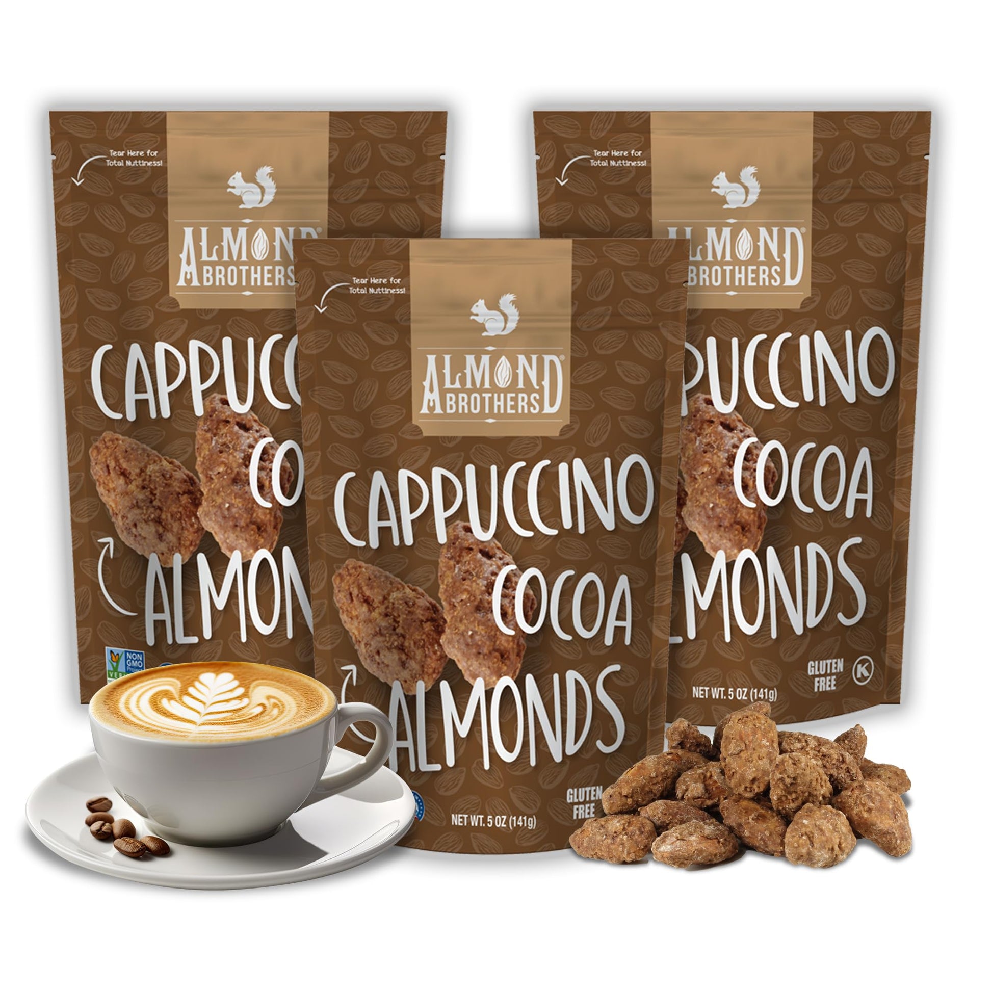 Almond Brothers Roasted Almonds - Hand Crafted Cappuccino & Cocoa Almonds, Gluten-Free, Non-GMO, Candied Almonds (5 Oz, Pack of