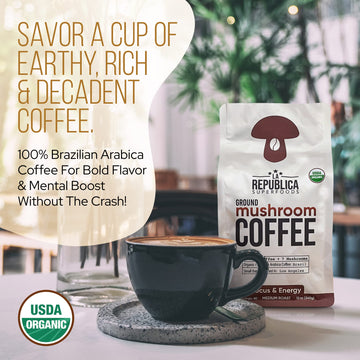 La Republica Ground Mushroom Coffee, Organic Fair Trade Arabica With Superfood Mushrooms (Medium Roast, 60 Servings)
