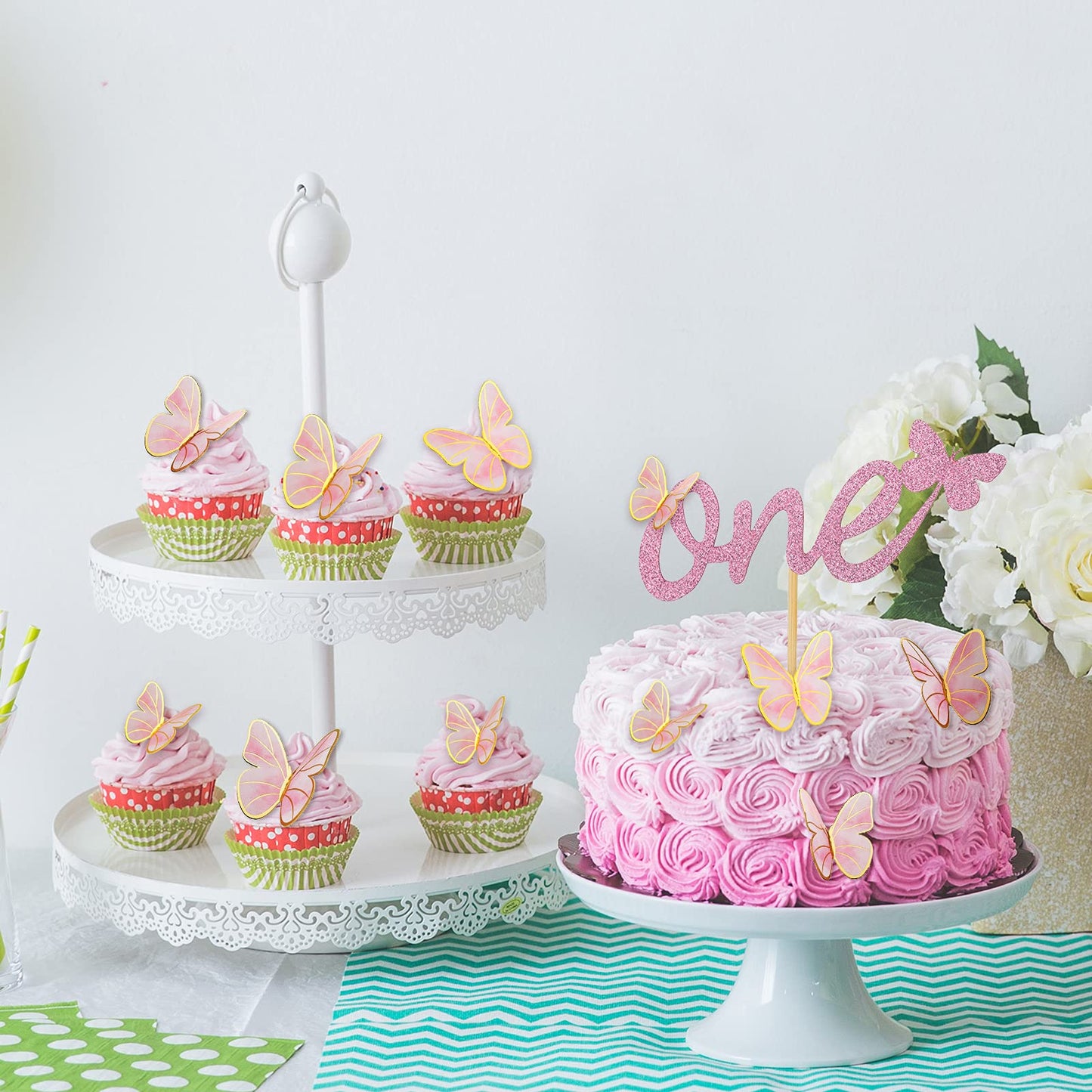 1 Set One Birthday Cake Topper 1St Rose Golden Birthday Cake Topper Glitter Butterfly Cake Topper For 1St Birthday Party Supplie