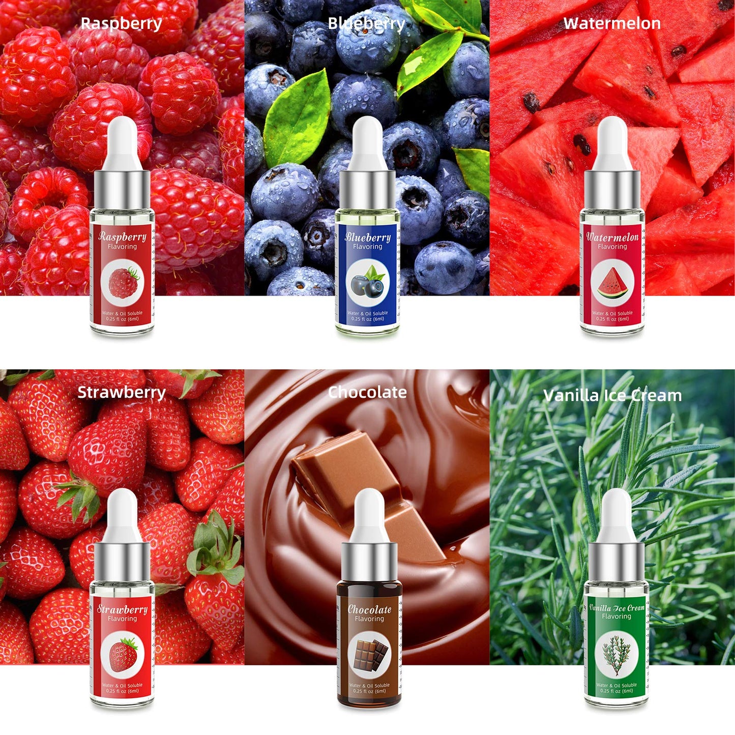 Nomeca Food Flavoring Oil, Fruit Vanilla Cream Chocolate Strawberry Candy Flavors For Baking, Cooking And Lip Gloss Making - Water & Oil Soluble - .2 Fl Oz (6 Ml) Bottles With Dropper (Pack Of 6)