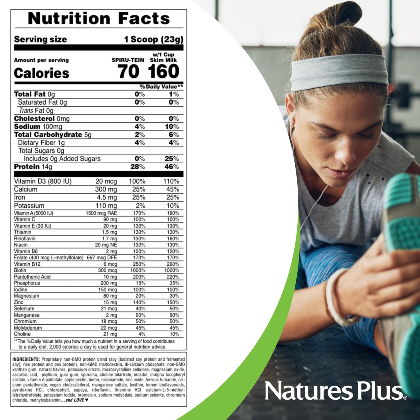 Natures Plus SPIRU-TEIN Simply Natural, Original Vanilla - 1.63 lb, Pack of 2 - Unsweetened Plant-Based Protein Shake - Non-GMO,